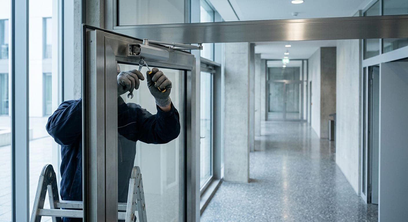 Technician servicing a door closer in a modern commercial building corridor