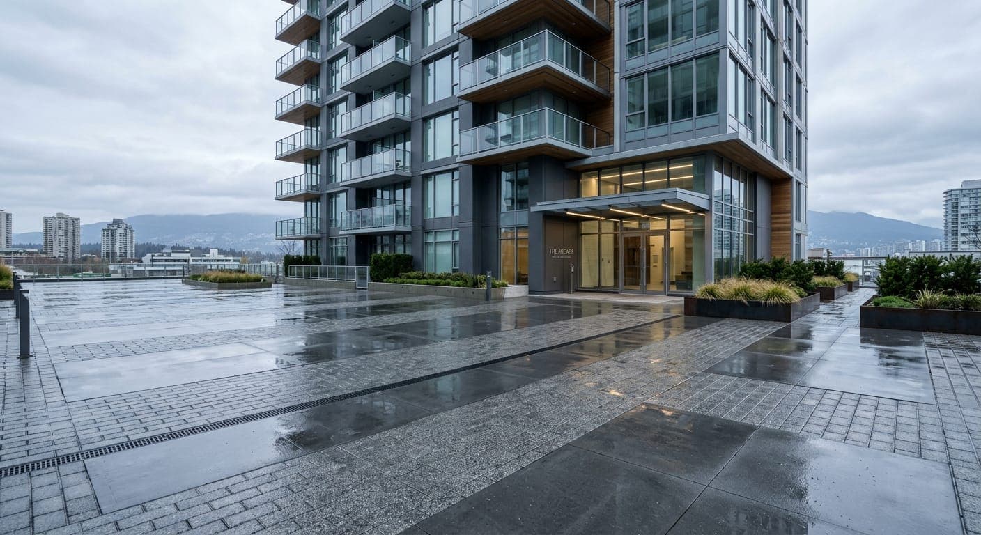 Freshly pressure-washed paver plaza in front of a multi-residential building