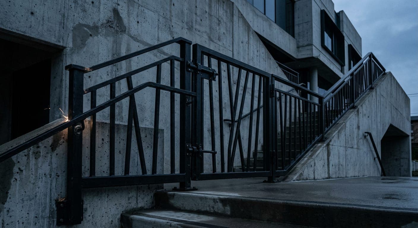 Custom fabricated black steel railing and gate on a concrete building exterior