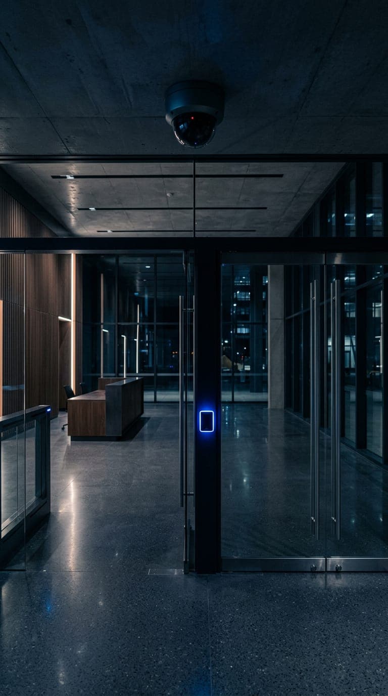 Building lobby with a ceiling-mounted CCTV dome camera and an illuminated access control reader